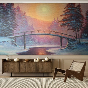 Papier Peint Photo Premium Canvas - Quatre saisons - hiver - Paysage, Rivière, Pont - 250x175 cm