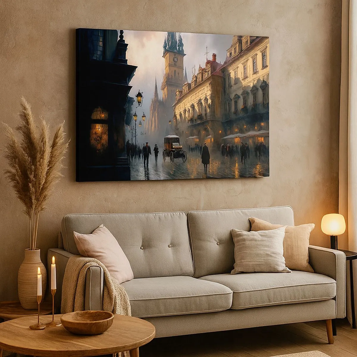 Impression sur toile - Image sur toile - Scène de rue en soirée avec une architecture historique - 70x50cm - Le charme d'une soirée pragoise - Décoration murale moderne pour le salon et la chambre ARTTOR