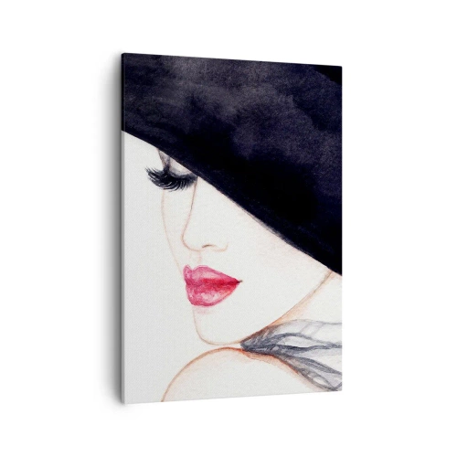 Impression sur toile - Image sur toile - Une illustration subtile d'une femme portant un chapeau noir et des lèvres rouges - 50x70cm - Élégance et sensualité - Décoration murale moderne pour le salon et la chambre ARTTOR