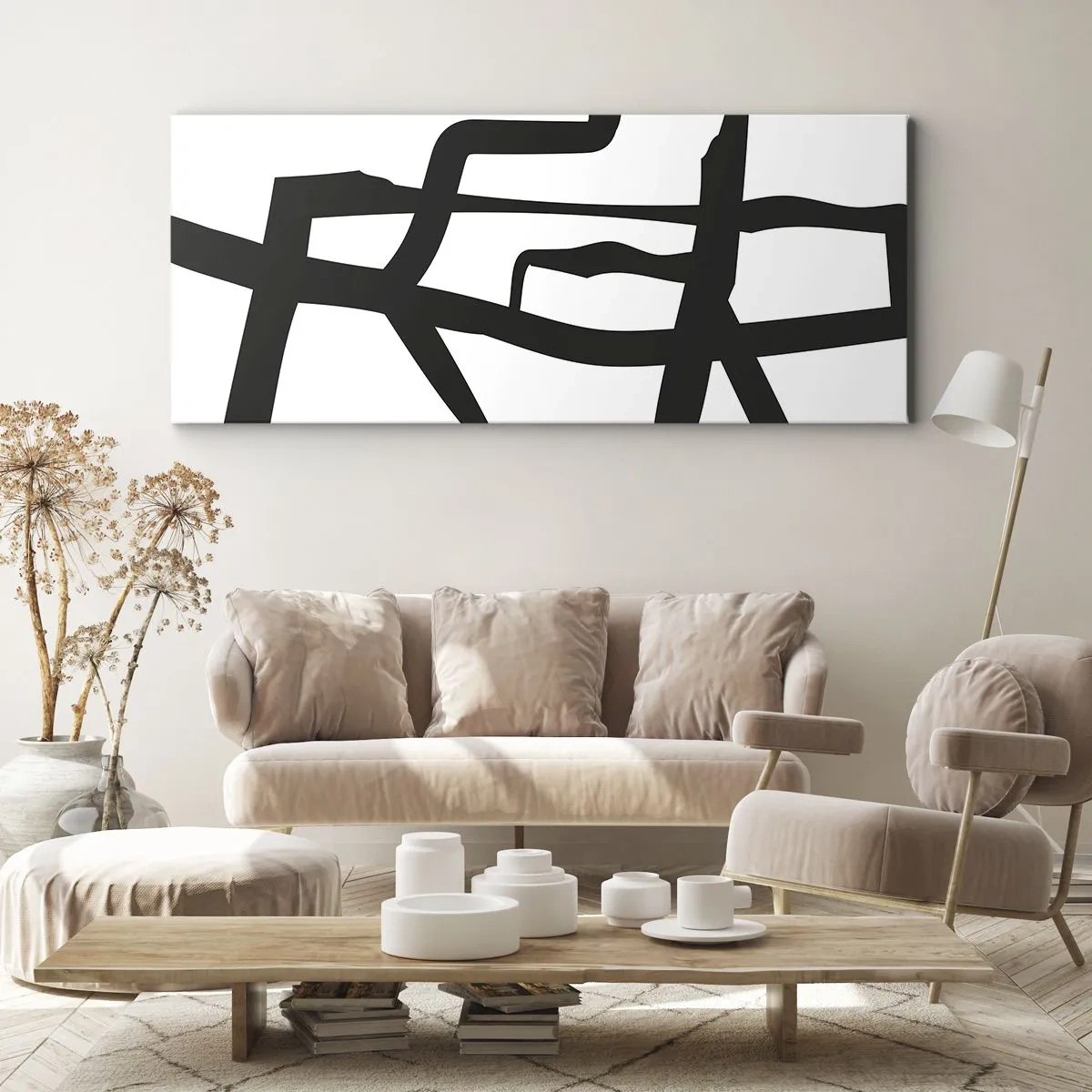 Impression sur toile - Image sur toile - Motif minimaliste noir et blanc avec des lignes géométriques - 140x50cm - Conception noir et blanc - Décoration murale moderne pour le salon et la chambre ARTTOR