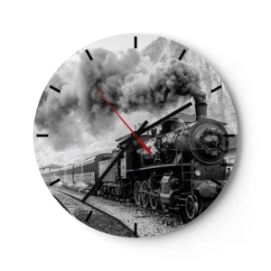 Horloge murale - Pendule murale - Une locomotive à vapeur noire et blanche avec une cheminée fumante - 30x30cm - Attend à la gare... - Décoration murale moderne pour le salon, la cuisine et la chambre ARTTOR