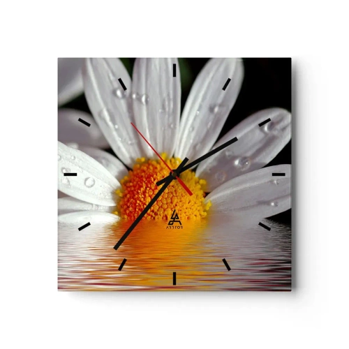 Horloge murale - Pendule murale - Une marguerite blanche avec des gouttes d'eau immergées dans un reflet d'eau - 30x30cm - Le soleil levant des marguerites - Décoration murale moderne pour le salon et la chambre ARTTOR