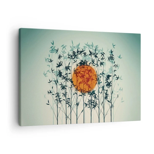 Impression sur toile - Image sur toile - Soleil orange parmi les branches de bambou - 70x50cm - Soleil japonnais - Décoration murale moderne pour le salon et la chambre ARTTOR