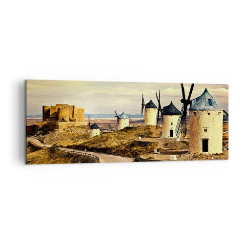 Impression sur toile - Image sur toile - Moulins à vent sur les collines avec un château historique en arrière-plan - 140x50cm - Don Quichotte est sur le point d'arriver - Décoration murale moderne pour le salon et la chambre ARTTOR
