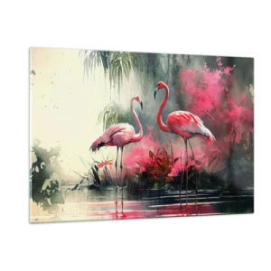 Impression sur verre - Image sur verre - Deux flamants roses dans un décor tropical au bord de l'eau - 120x80cm - Une leçon de grâce naturelle - Décoration murale moderne pour le salon et la chambre ARTTOR