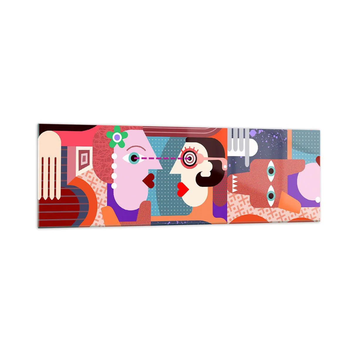 Impression sur verre - Image sur verre - Figures abstraites aux couleurs vives - 160x50cm - Les yeux dans les yeux - Décoration murale moderne pour le salon et la chambre ARTTOR