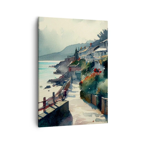 Impression sur toile - Image sur toile - Promenade en bord de mer avec maisons et végétation - 50x70cm - Ville méditerranéenne - Décoration murale moderne pour le salon et la chambre ARTTOR