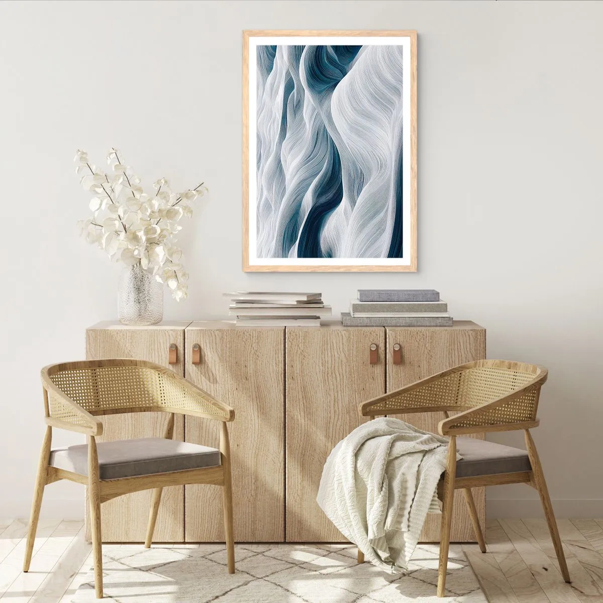 Affiche dans un chêne clair - Poster - Vagues blanches et bleues - 61x91 cm