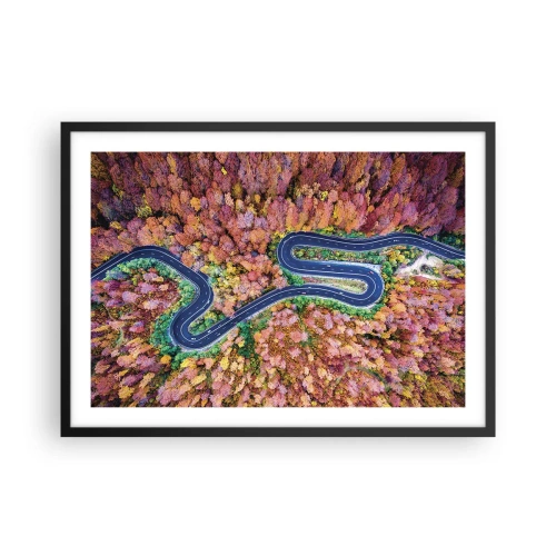 Affiche dans un cadre noir - Poster - Une route sinueuse dans une forêt d'automne vue à vol d'oiseau - 70x50cm - Route sinueuse à travers la forêt - Décoration murale moderne pour le salon et la chambre ARTTOR