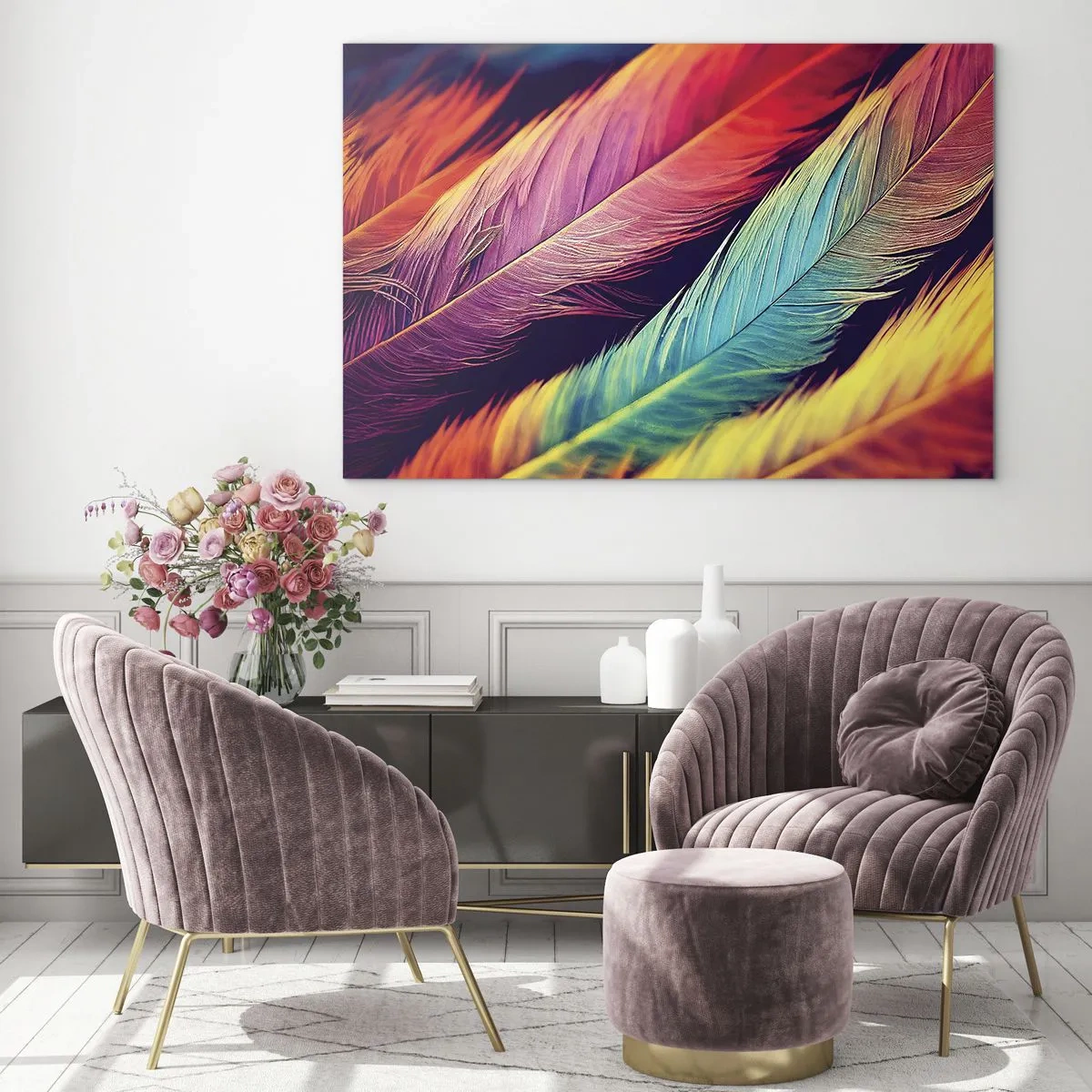 Impression sur verre - Image sur verre - Plumes colorées aux nuances arc-en-ciel intenses - 120x80cm - Arc-en-ciel de plumes - Décoration murale moderne pour le salon et la chambre ARTTOR