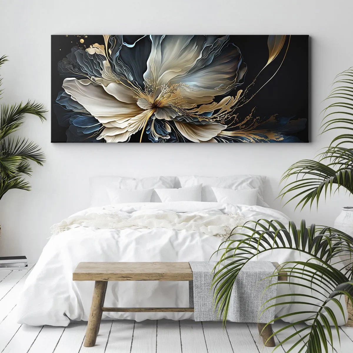 Impression sur toile - Image sur toile - Une fleur dans les tons or et bleu marine sur fond noir - 120x50cm - Fleur de fougère de conte de fées - Décoration murale moderne pour le salon et la chambre ARTTOR