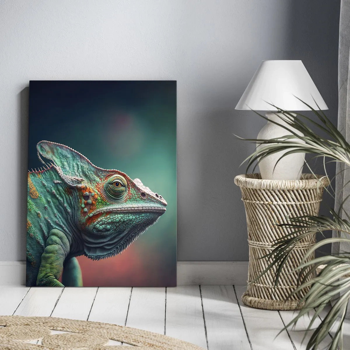 Impression sur toile - Image sur toile - Gros plan d'un caméléon aux couleurs intenses - 50x70cm - Vous me voyez? Pas bien… - Décoration murale moderne pour le salon et la chambre ARTTOR