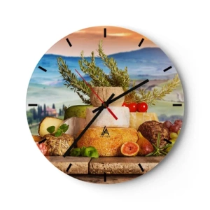 Horloge murale - Pendule murale - Plateau de fromages avec accompagnements sur fond de paysage - 30x30cm - La joie de vivre à l'italienne - Décoration murale moderne pour le salon, la cuisine et la chambre ARTTOR