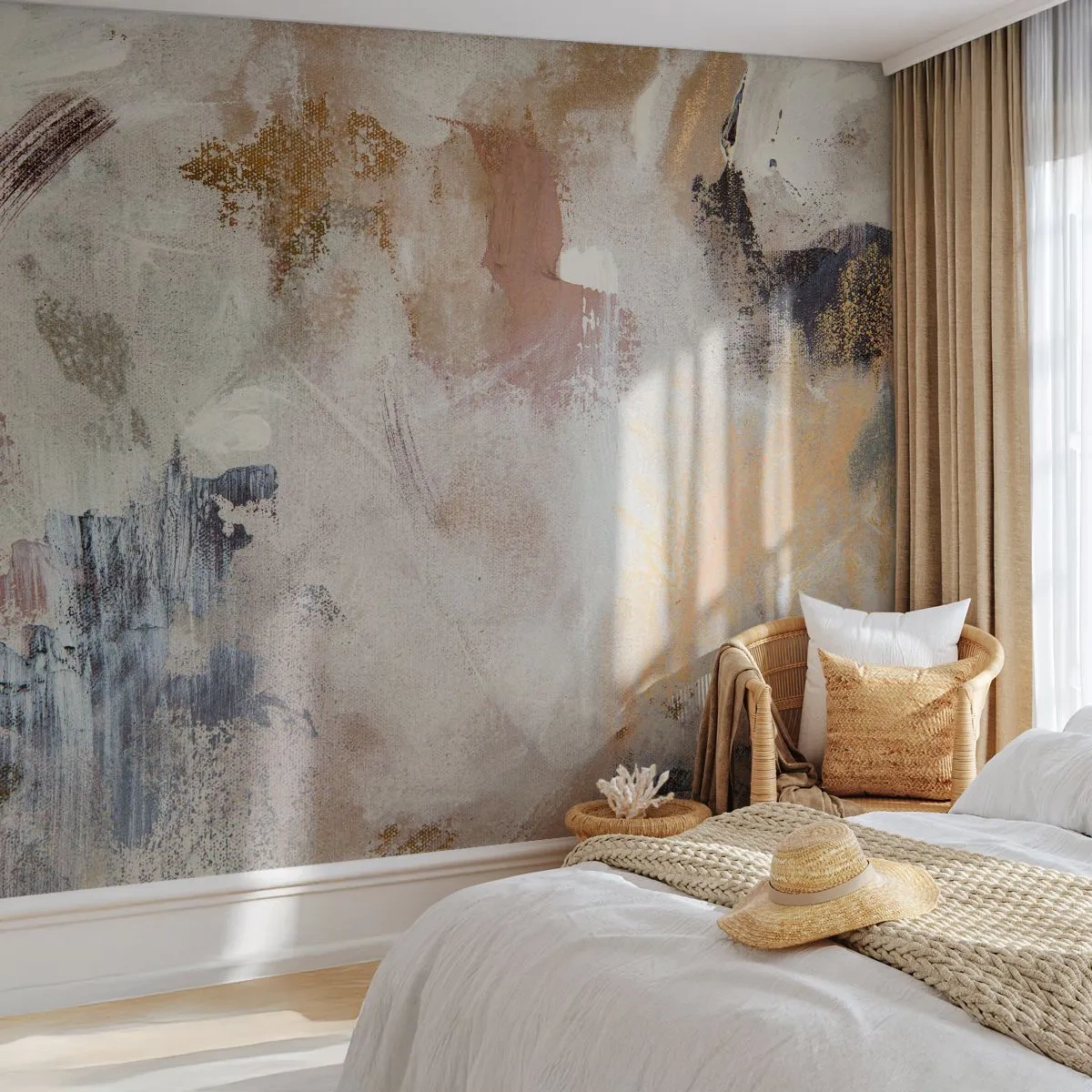 Papier Peint Photo Premium Sand - Une abstraction brumeuse dans des tons de beige, de marron et de bleu - 100x70cm - Abstraction brumeuse - Décoration murale moderne pour le salon et la chambre ARTTOR