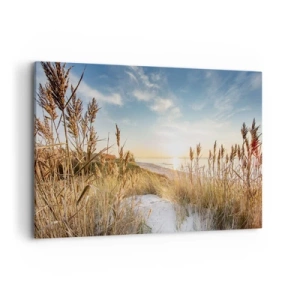 Impression sur toile - Image sur toile - Une plage pittoresque avec de l'herbe et le soleil couchant - 100x70cm - Plage du nord - Décoration murale moderne pour le salon et la chambre ARTTOR