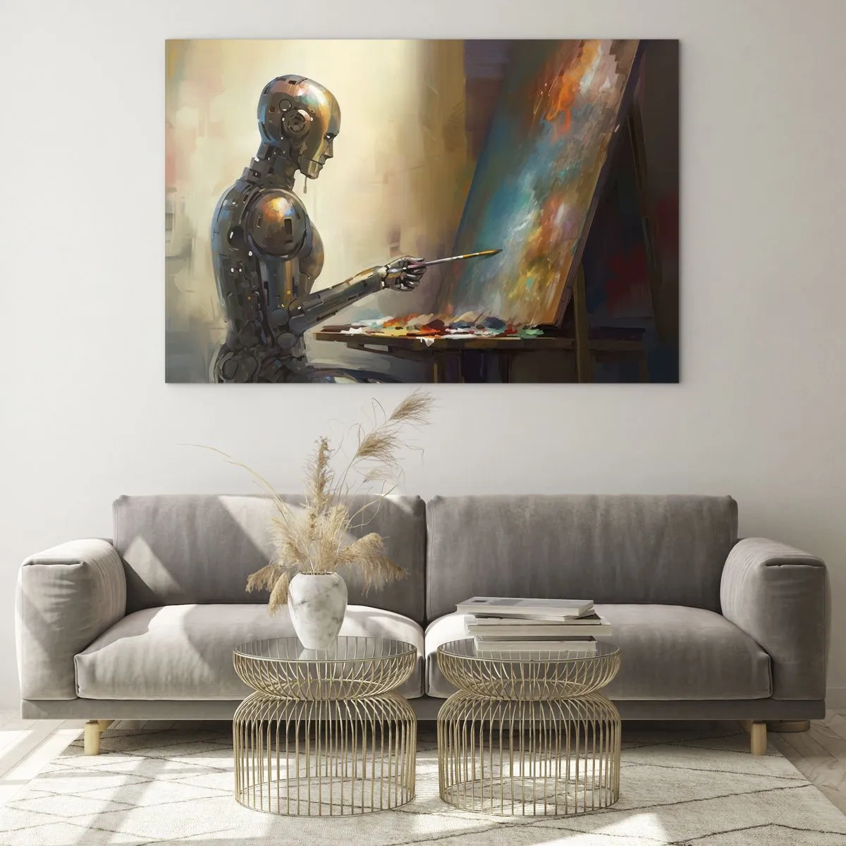 Impression sur verre - Image sur verre - Un robot peignant un tableau sur un chevalet - 100x70cm - L'art du futur - Décoration murale moderne pour le salon et la chambre ARTTOR