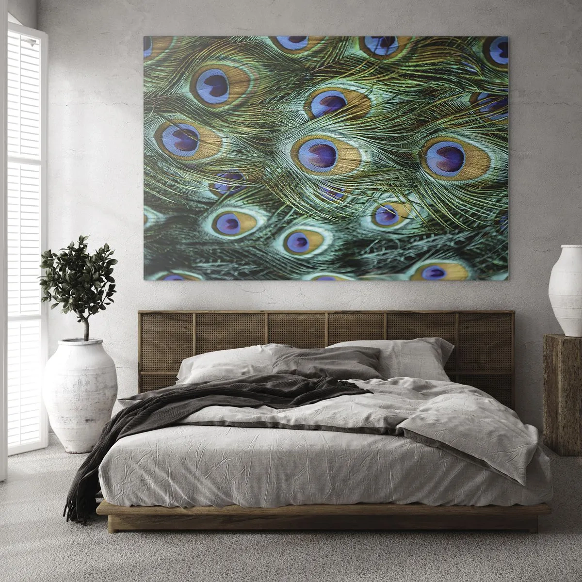 Impression sur verre - Image sur verre - Détail des plumes de paon avec des yeux distincts - 120x80cm - Un regard de paon - Décoration murale moderne pour le salon et la chambre ARTTOR
