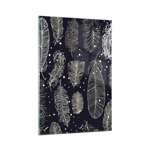 Impression sur verre - Image sur verre - Plumes blanches délicates sur fond bleu marine - 80x120cm - Toile de plumes - Décoration murale moderne pour le salon et la chambre ARTTOR