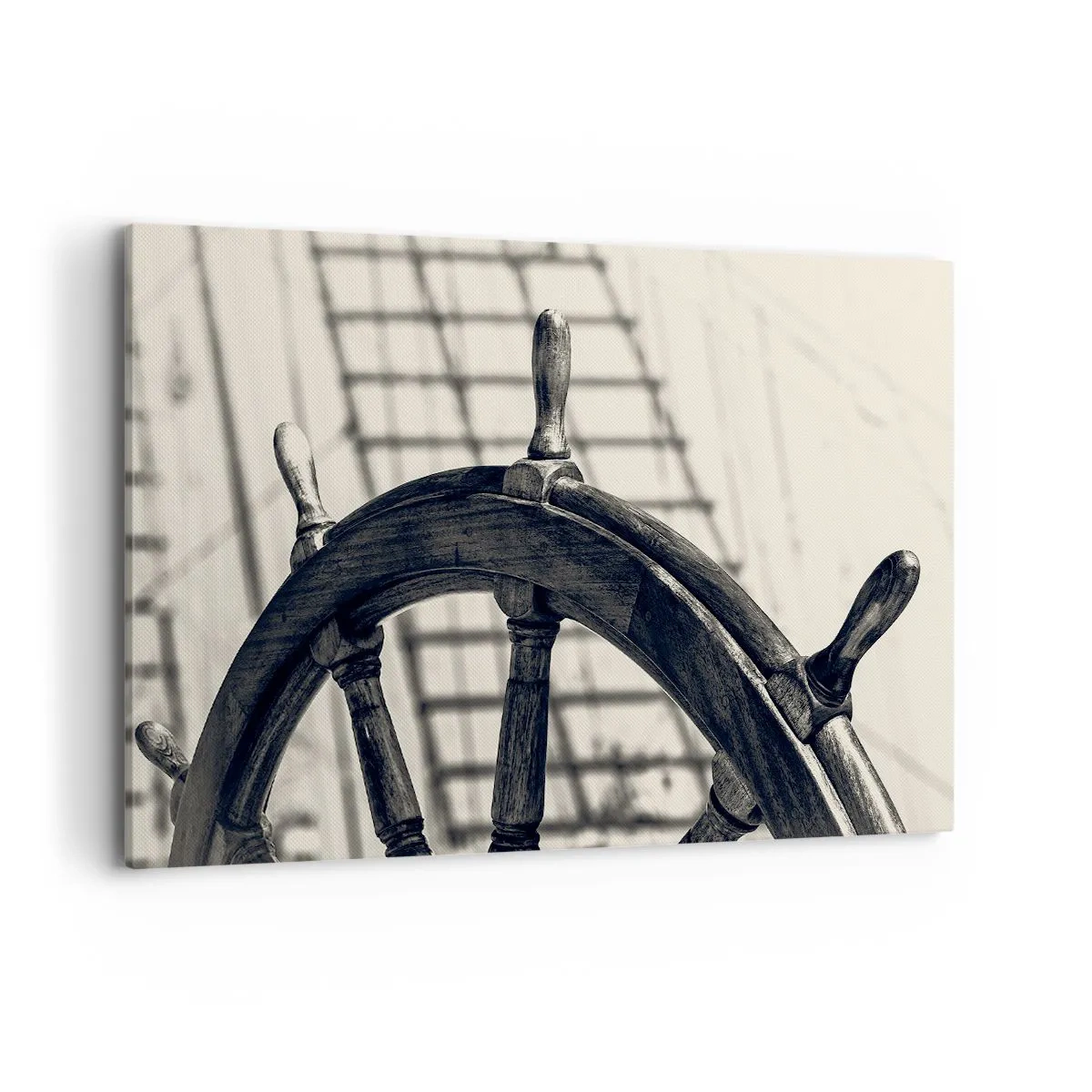 Impression sur toile - Image sur toile - Un gouvernail de style rétro avec un navire en arrière-plan - 120x80cm - Histoires de mer - Décoration murale moderne pour le salon et la chambre ARTTOR