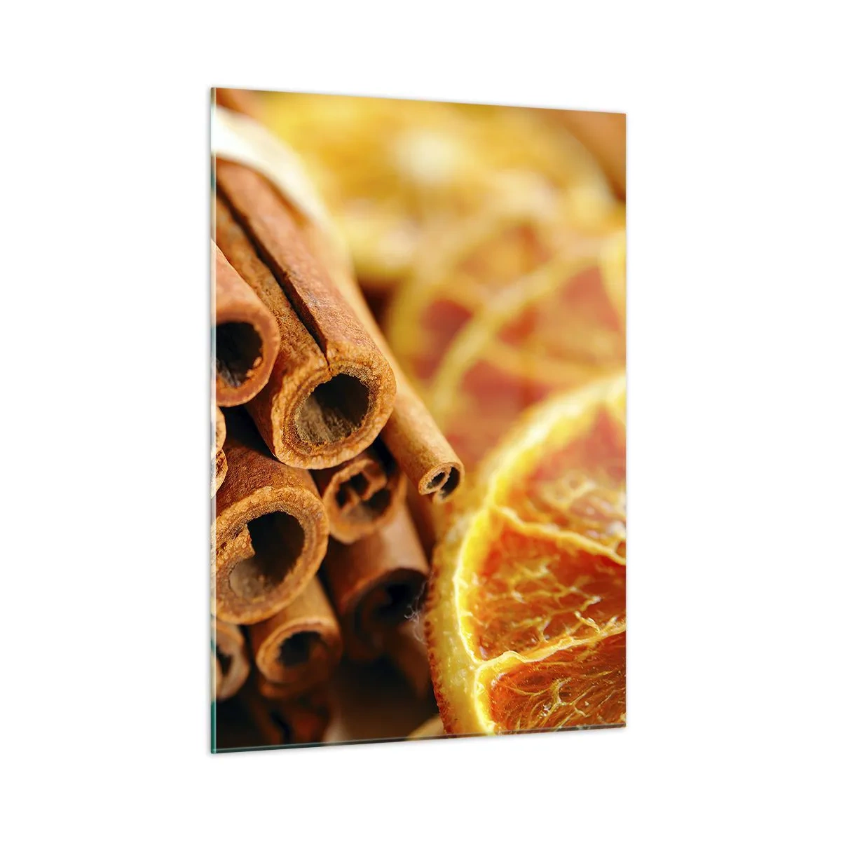Impression sur verre - Image sur verre - Gros plan sur des bâtons de cannelle et des tranches d'orange séchées - 50x70cm - Sentez-vous leurs odeurs? - Décoration murale moderne pour le salon et la chambre ARTTOR