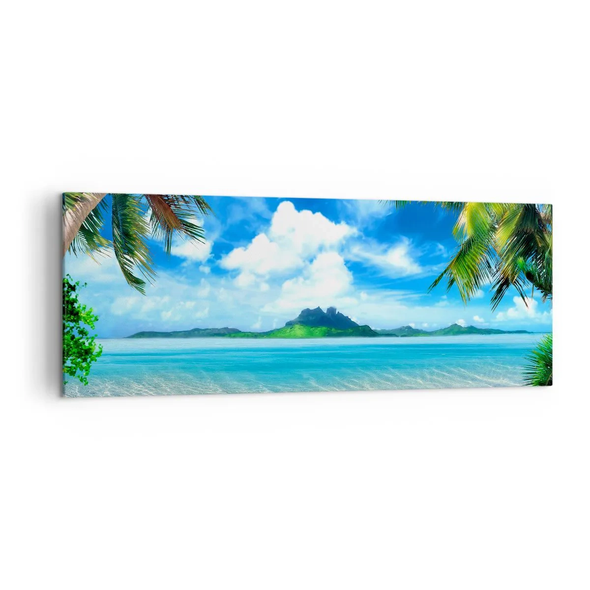 Impression sur toile - Image sur toile - Plage tropicale avec palmiers et vue sur l'île - 140x50cm - L'azur des tropiques - Décoration murale moderne pour le salon et la chambre ARTTOR