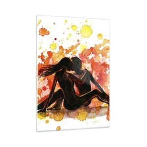 Impression sur verre - Image sur verre - Silhouette d'un couple sur un fond de taches d'aquarelle colorées - 50x70cm - Et la lumière fut - Décoration murale moderne pour le salon et la chambre ARTTOR
