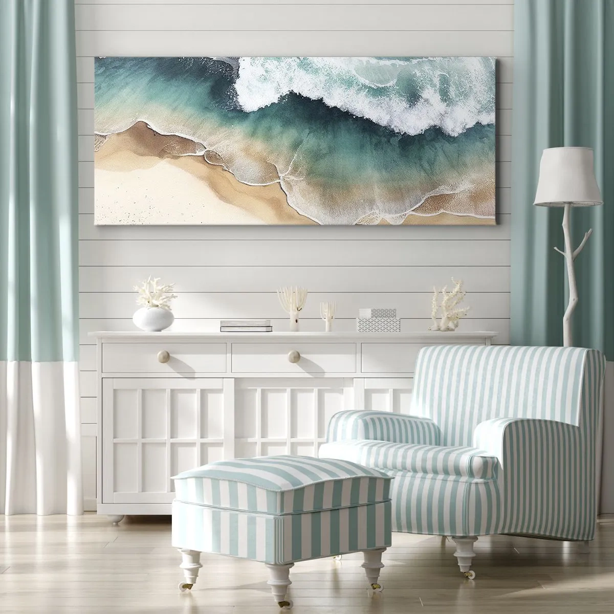Impression sur toile - Image sur toile - Vue sur la plage et les vagues de la mer dans des tons turquoise - 120x50cm - La rencontre éternelle - Décoration murale moderne pour le salon et la chambre ARTTOR