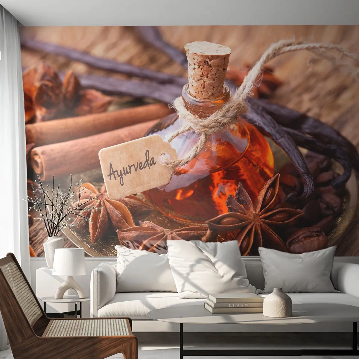 Papier Peint Photo Premium Sand - Une bouteille d'huile ayurvédique entourée d'épices - 100x70cm - Vers l'unité du corps et de l'esprit - Décoration murale moderne pour le salon et la chambre ARTTOR