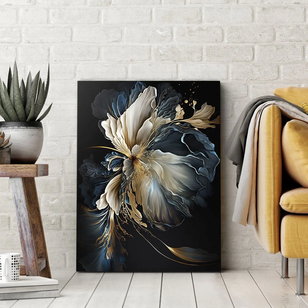 Impression sur toile - Image sur toile - Une fleur dans les tons or et bleu marine sur fond noir - 70x100cm - Fleur de fougère de conte de fées - Décoration murale moderne pour le salon et la chambre ARTTOR