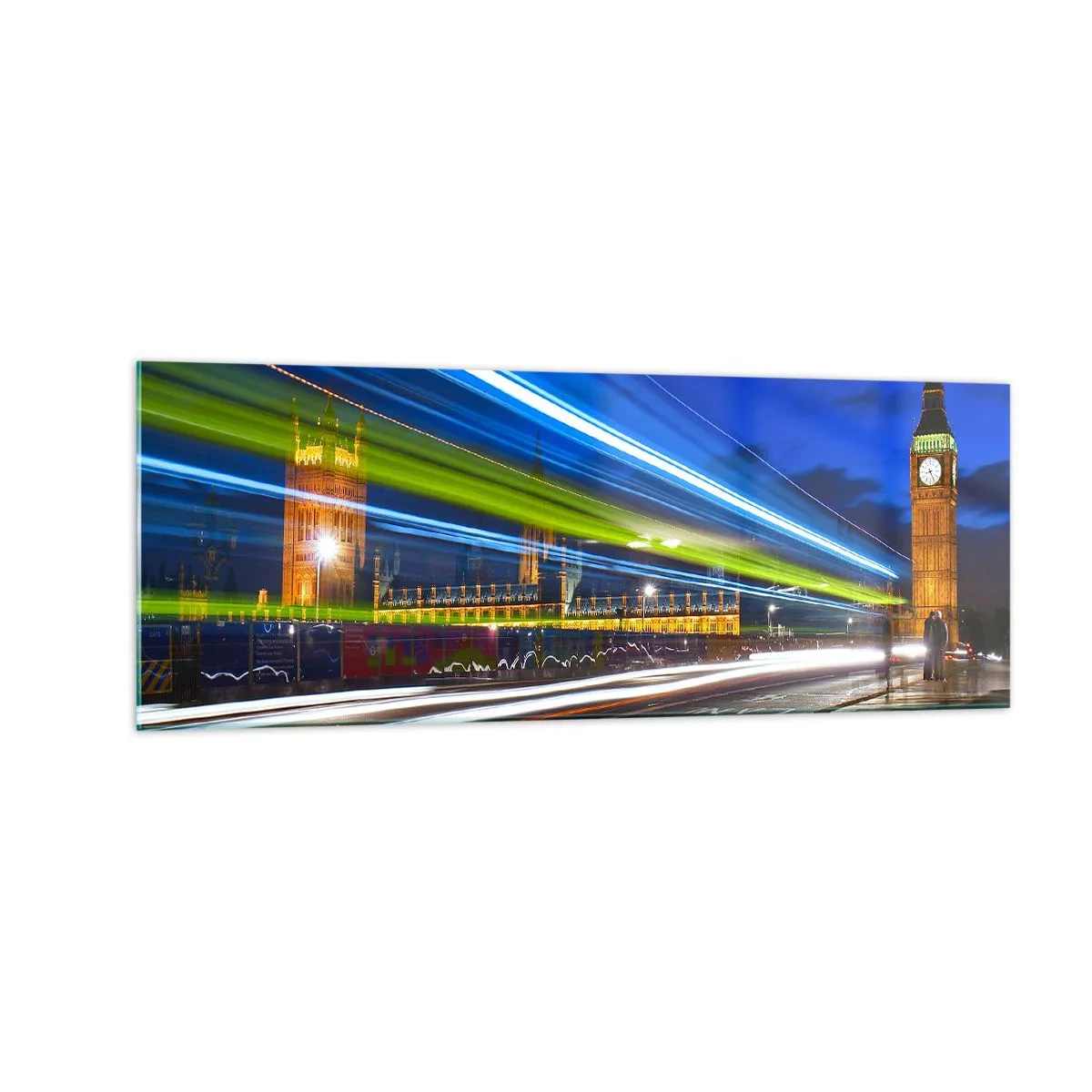 Impression sur verre - Image sur verre - Big Ben la nuit avec l'effet des lumières dans la circulation routière - 140x50cm - Sous l'œil de Big Ben - Décoration murale moderne pour le salon et la chambre ARTTOR