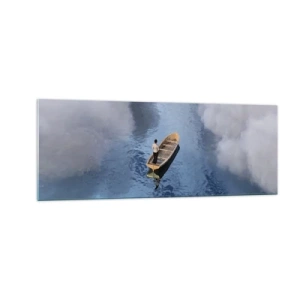 Impression sur verre - Image sur verre - Un homme dans un bateau sur une mer calme entourée de nuages - 140x50cm - Vie – voyage – inconnu - Décoration murale moderne pour le salon et la chambre ARTTOR
