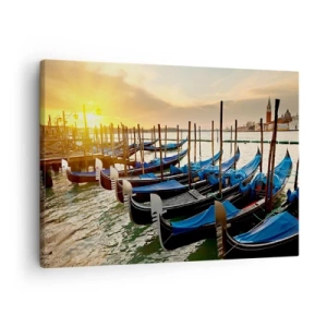 Impression sur toile - Image sur toile - Gondoles à Venise le matin à la lumière du soleil levant - 70x50cm - Avant que le vacarme n'arrive - Décoration murale moderne pour le salon et la chambre ARTTOR