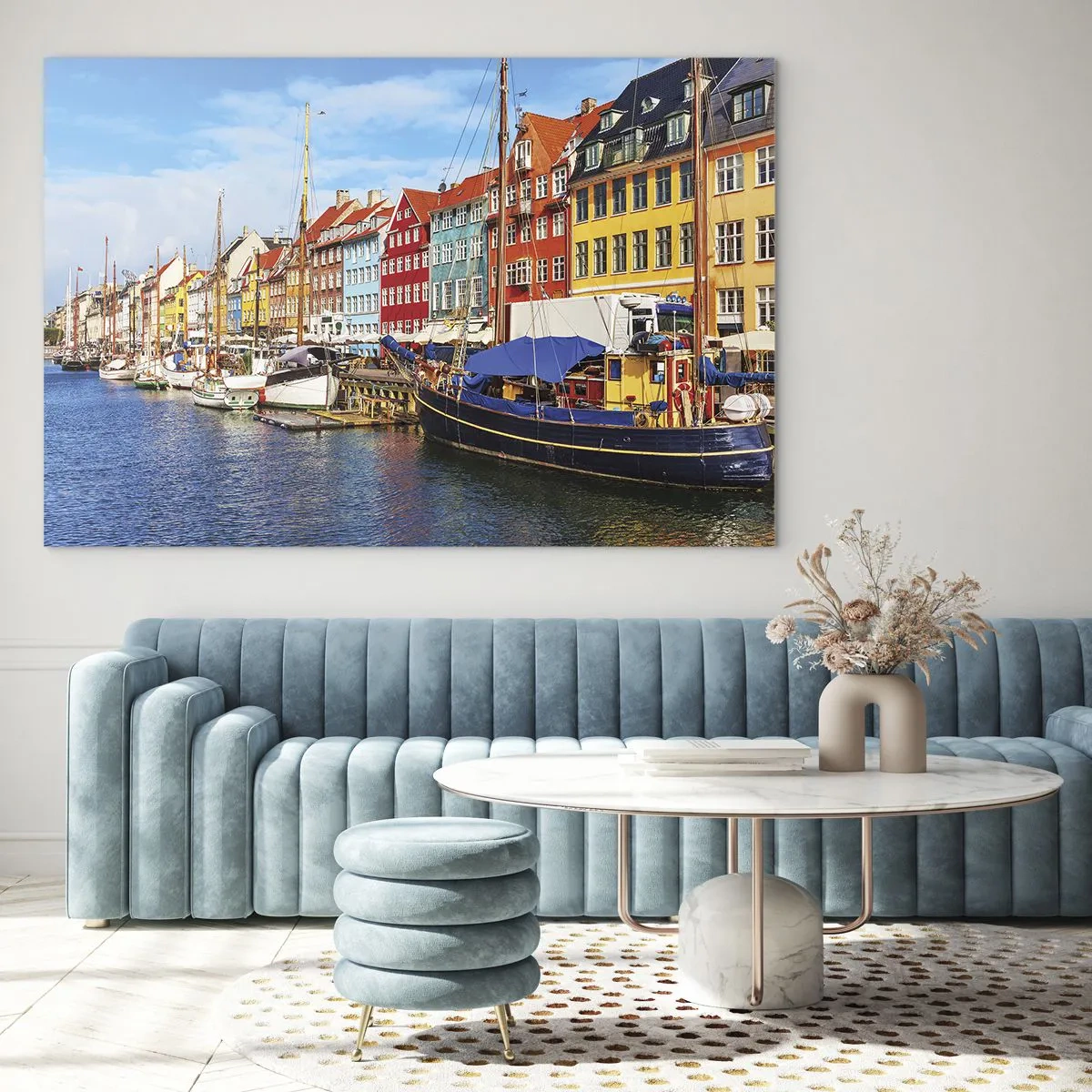 Impression sur verre - Image sur verre - Maisons colorées au bord des canaux de Copenhague - 120x80cm - Quai joyeux - Décoration murale moderne pour le salon et la chambre ARTTOR
