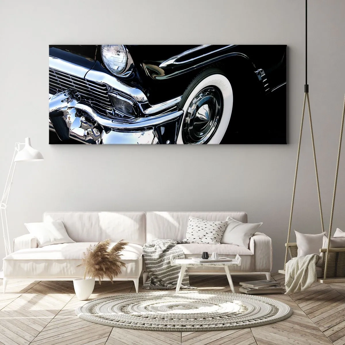 Impression sur toile - Image sur toile - Gros plan du phare et du garde-boue d'une voiture classique noire - 160x50cm - Classique en argent, noir et blanc - Décoration murale moderne pour le salon et la chambre ARTTOR