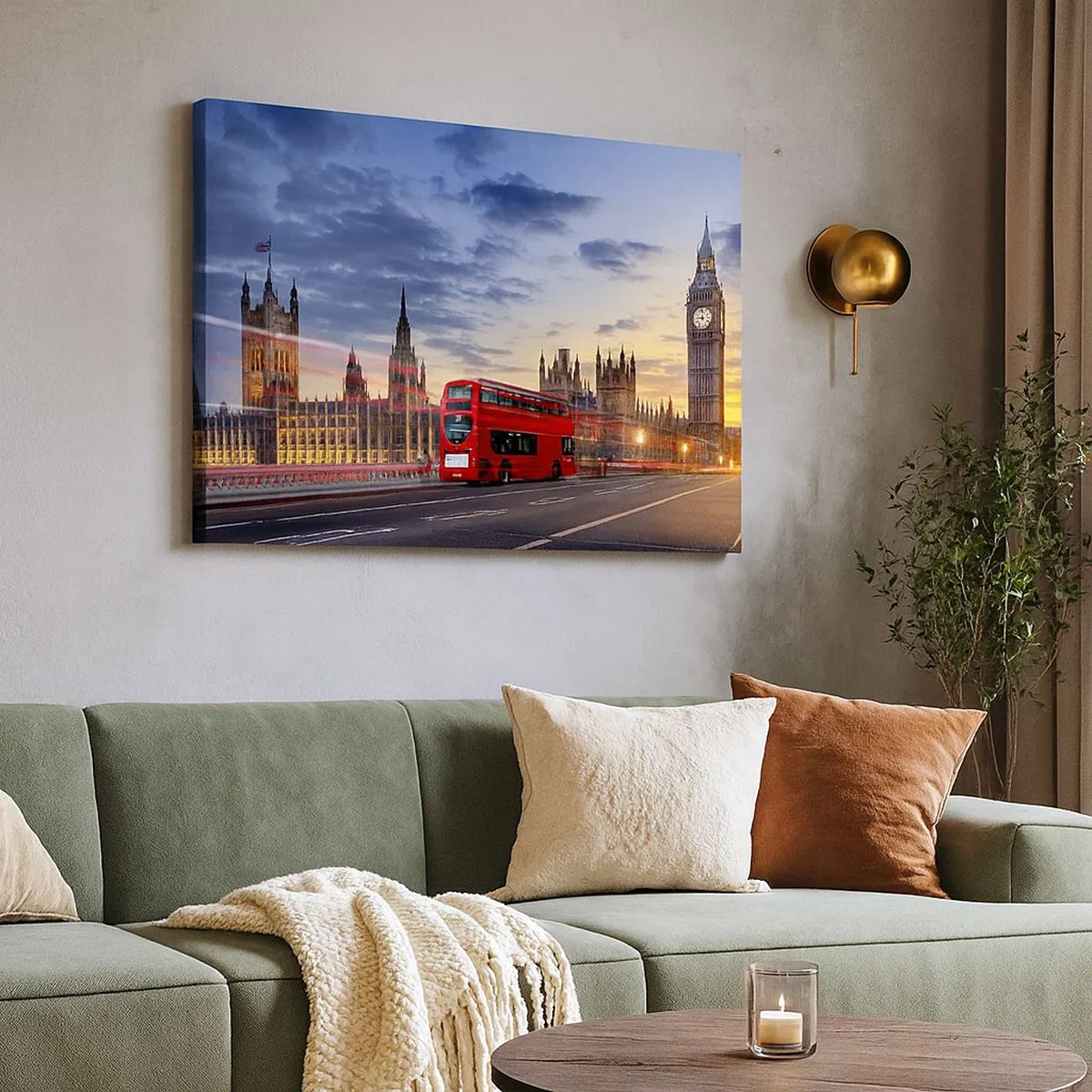 Impression sur toile - Image sur toile - Un bus rouge avec Big Ben et les Chambres du Parlement en arrière-plan au crépuscule. - 70x50cm - Caractères spéciaux - Décoration murale moderne pour le salon et la chambre ARTTOR