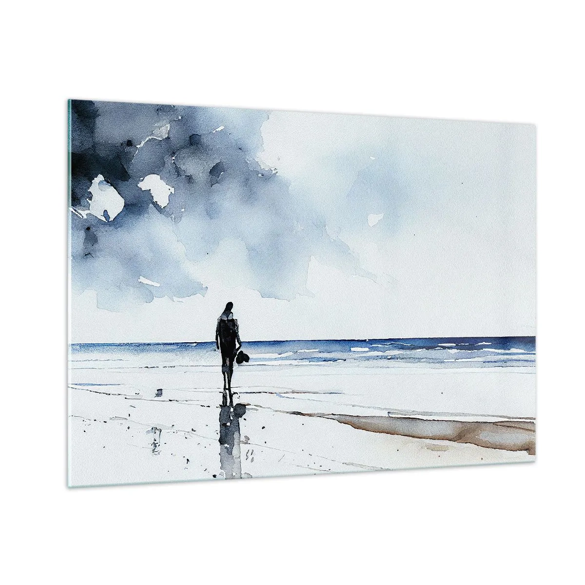 Impression sur verre - Image sur verre - Silhouette d'une personne au bord de la mer dans une aquarelle délicate - 100x70cm - Conversation avec la mer - Décoration murale moderne pour le salon et la chambre ARTTOR