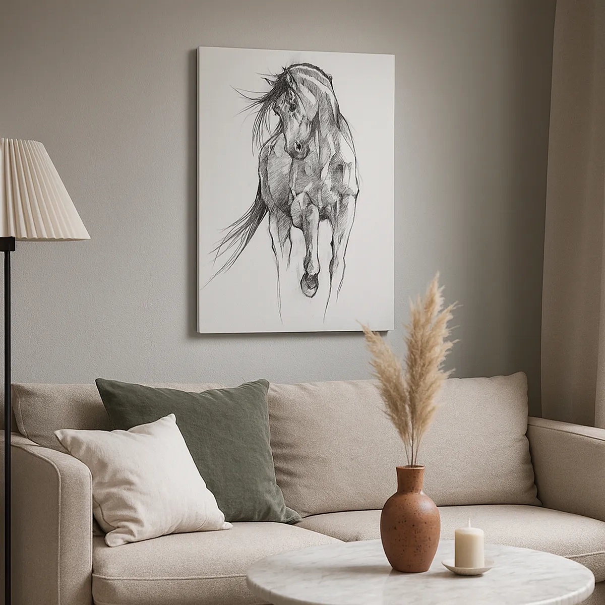 Impression sur toile - Image sur toile - Croquis en noir et blanc d'un cheval au galop - 50x70cm - D'un trot gracieux - Décoration murale moderne pour le salon et la chambre ARTTOR