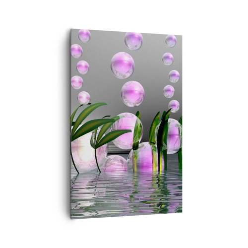 Impression sur toile - Image sur toile - Feuilles vertes et bulles roses au-dessus de l'eau sur fond gris - 80x120cm - Une composition réfléchissante de légèreté et de vie - Décoration murale moderne pour le salon et la chambre ARTTOR