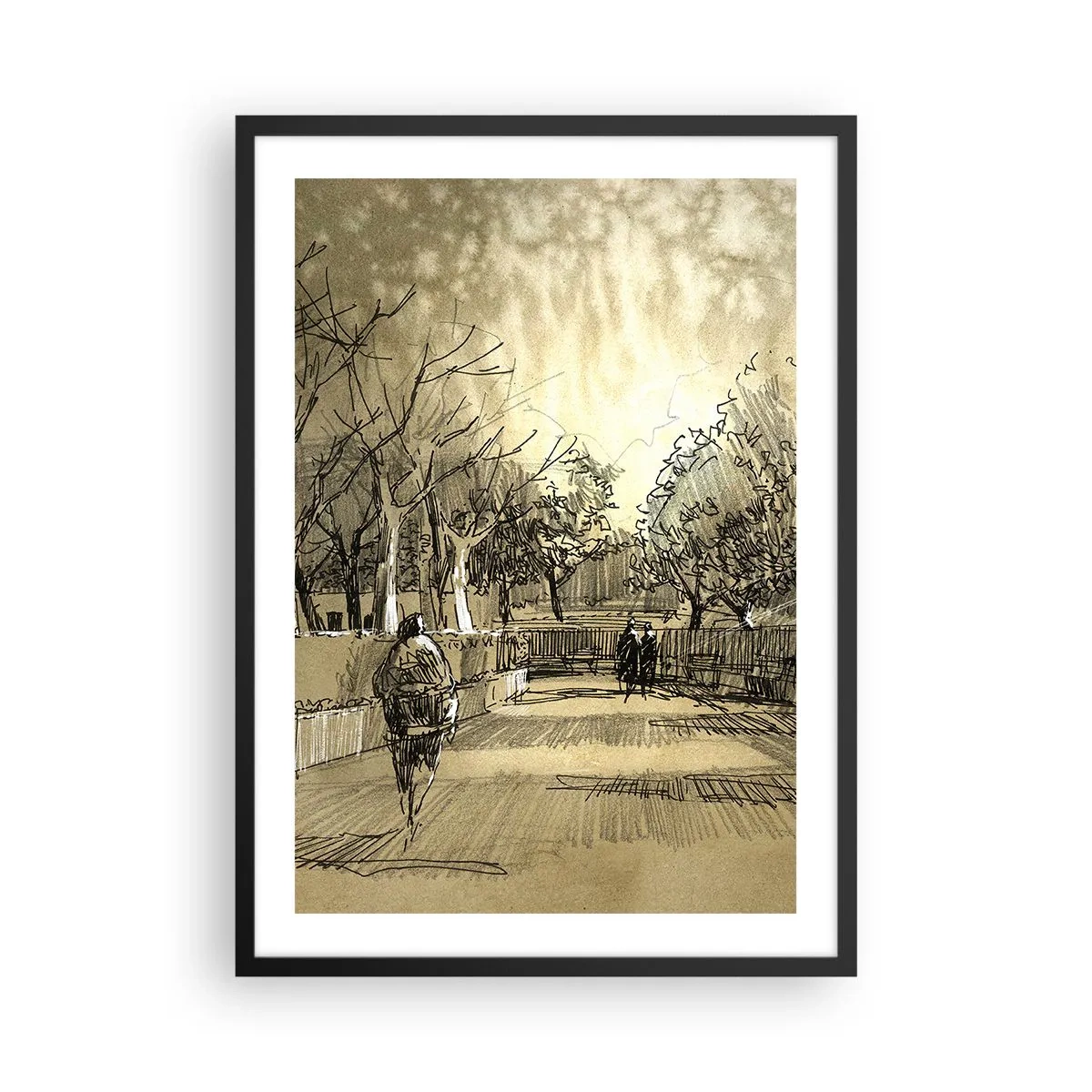 Affiche dans un cadre noir - Poster - Illustration de parc de style croquis aux tons sépia - 50x70cm - Un moment arrêté avec une plume - Décoration murale moderne pour le salon et la chambre ARTTOR