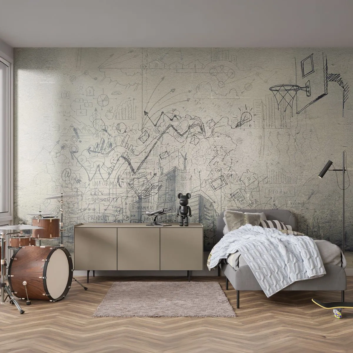 Papier Peint Photo Premium Canvas - Dessins et schémas sur fond de mur brut - 100x70cm - Ma vie fantastique en ville - Décoration murale moderne pour le salon et la chambre ARTTOR