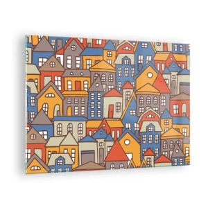 Impression sur verre - Image sur verre - Des maisons colorées dans un style graphique créent un paysage joyeux - 70x50cm - Derrière la maison, une maison - Décoration murale moderne pour le salon et la chambre ARTTOR