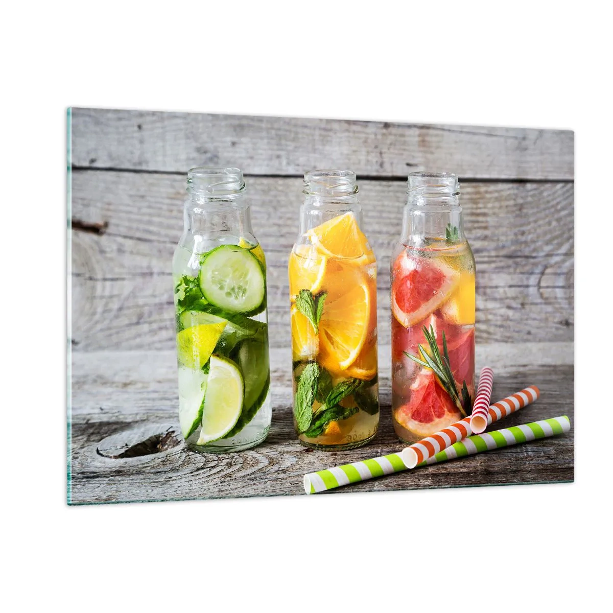 Impression sur verre - Image sur verre - Bouteilles d'eau fruitée et d'herbes sur fond de bois - 120x80cm - Sain par nature - Décoration murale moderne pour le salon et la chambre ARTTOR