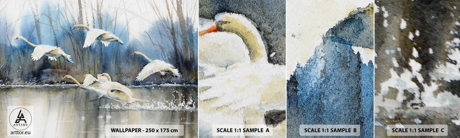 Échantillon de Papier Peint Autocollant Deluxe Sticker - Comme dans un conte de fées sur les cygnes sauvages - Cygnes, Des oiseaux, Paysage - 100x30 cm