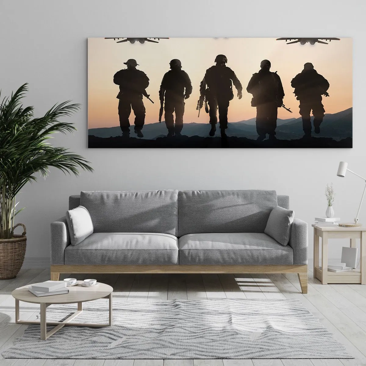Impression sur verre - Image sur verre - Silhouettes de soldats et d'avions de chasse sur fond de coucher de soleil - 140x50cm - Bienvenue dans notre monde - Décoration murale moderne pour le salon et la chambre ARTTOR