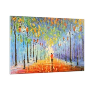 Impression sur verre - Image sur verre - Un parc coloré avec une allée et des lanternes dans un style pictural - 120x80cm - Chant nocturne de la pluie - Décoration murale moderne pour le salon et la chambre ARTTOR