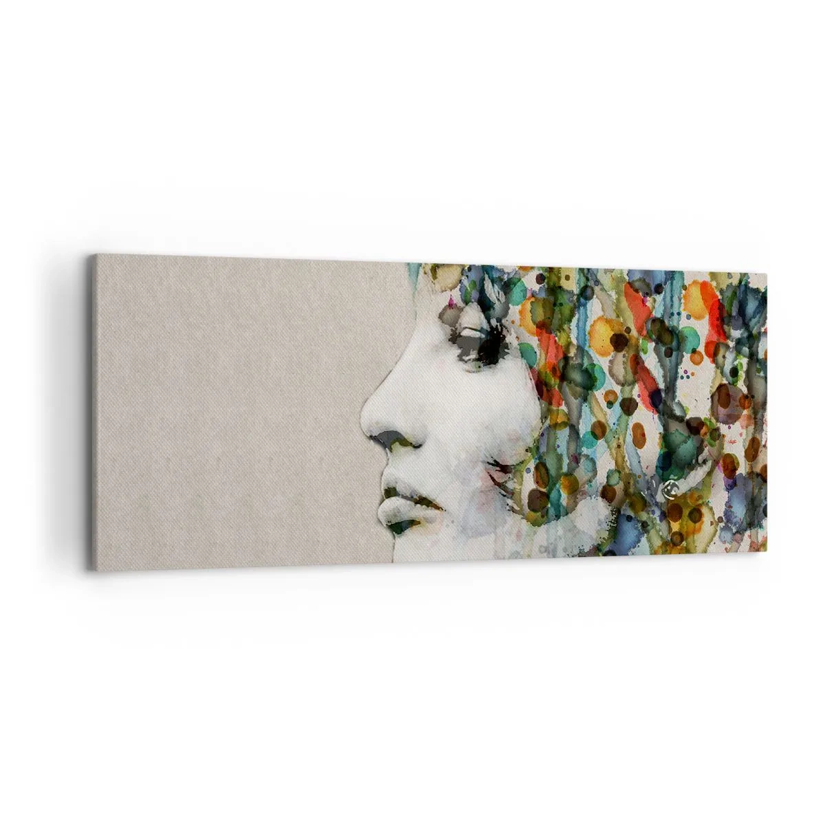 Impression sur toile - Image sur toile - Profil d'une femme aux couleurs aquarelles avec un fond abstrait - 120x50cm - Elle est sortie de la grisaille - Décoration murale moderne pour le salon et la chambre ARTTOR