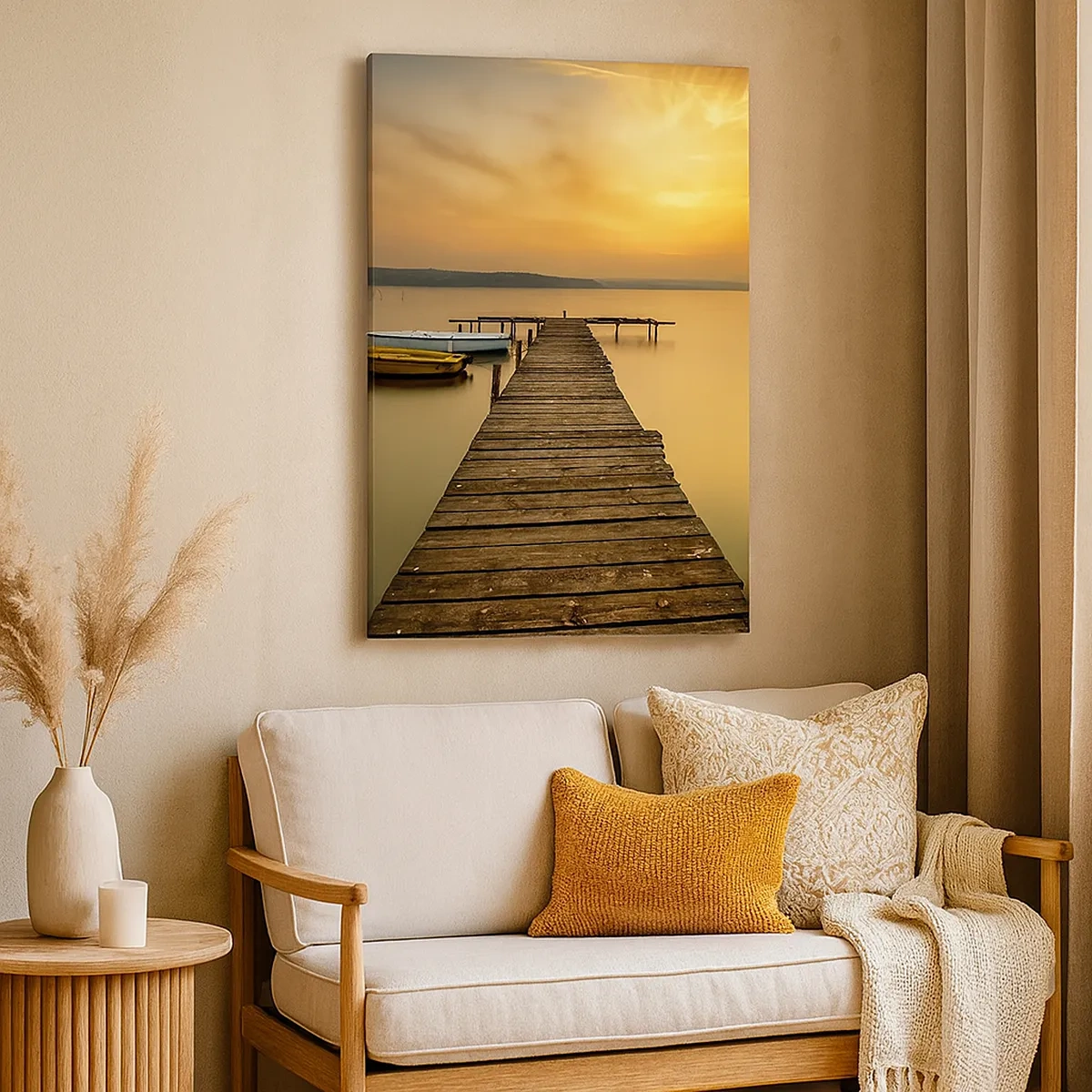 Impression sur toile - Image sur toile - Jetée en bois et bateaux sur le lac au coucher du soleil - 50x70cm - Je t'ouvrirai le ciel d'or - Décoration murale moderne pour le salon et la chambre ARTTOR