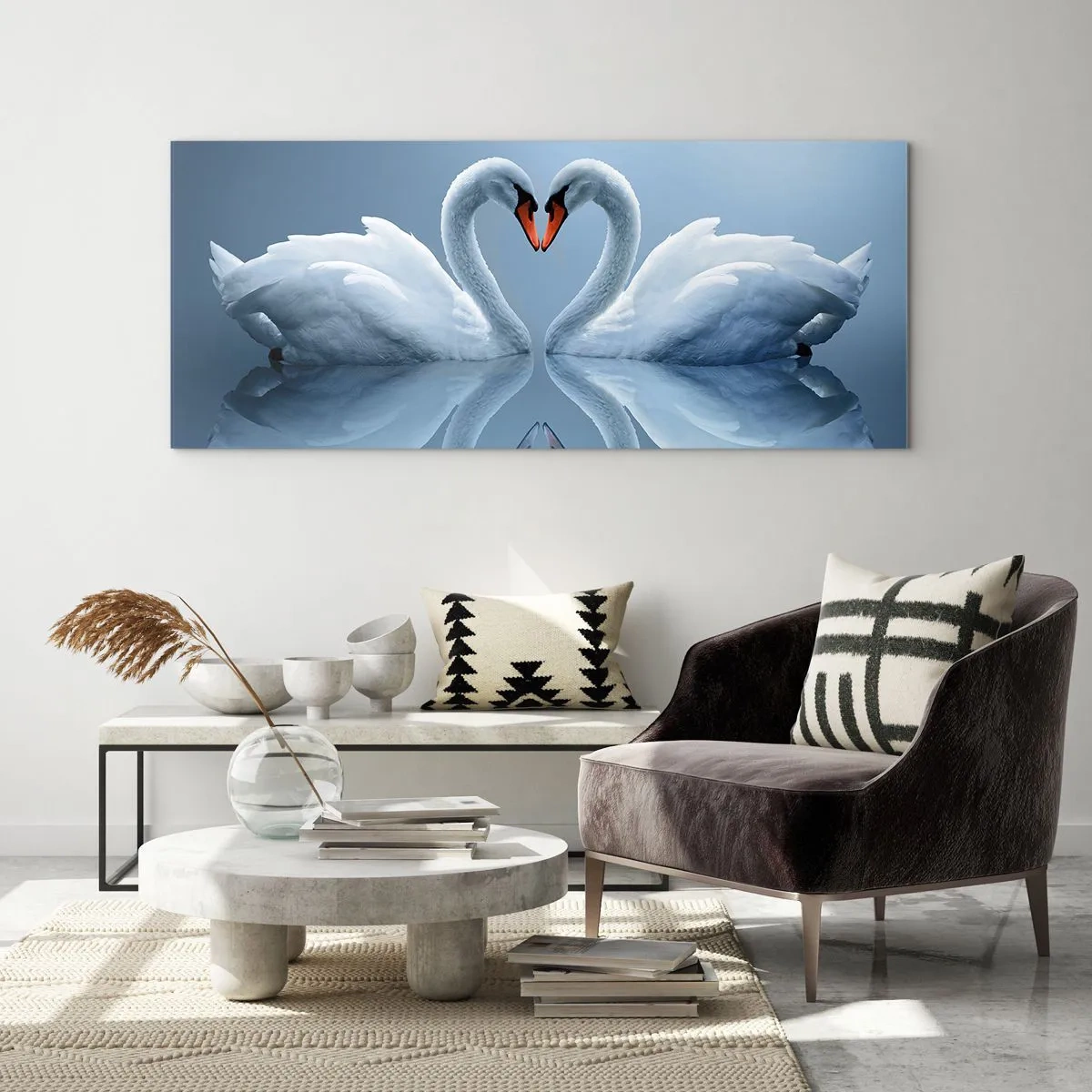 Impression sur verre - Image sur verre - Deux cygnes formant un cœur sur une surface d'eau calme - 160x50cm - Le temps de l'amour - Décoration murale moderne pour le salon et la chambre ARTTOR