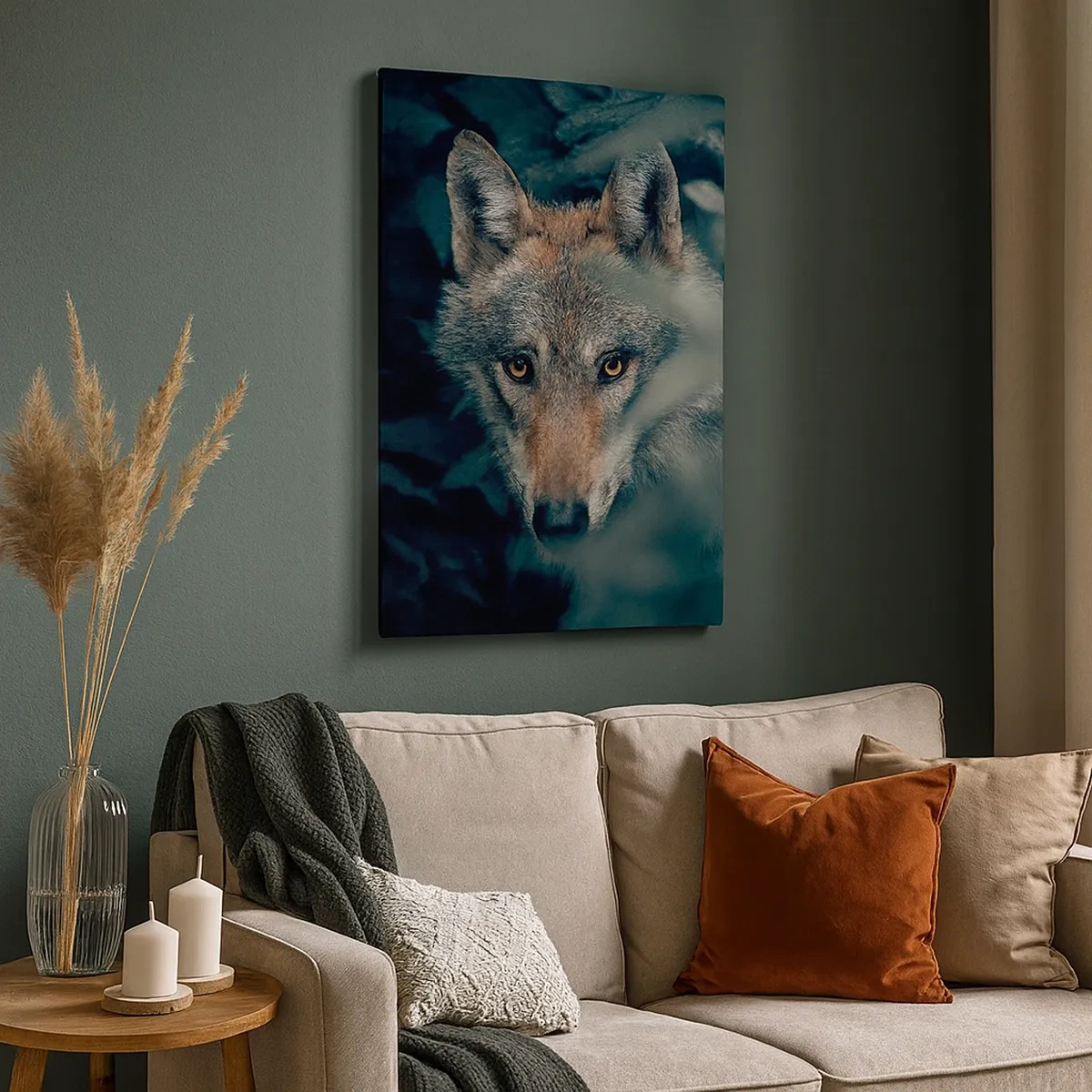 Impression sur toile - Image sur toile - Un loup dans son environnement naturel, regardant depuis les profondeurs de la forêt. - 50x70cm - Chasseur - Décoration murale moderne pour le salon et la chambre ARTTOR