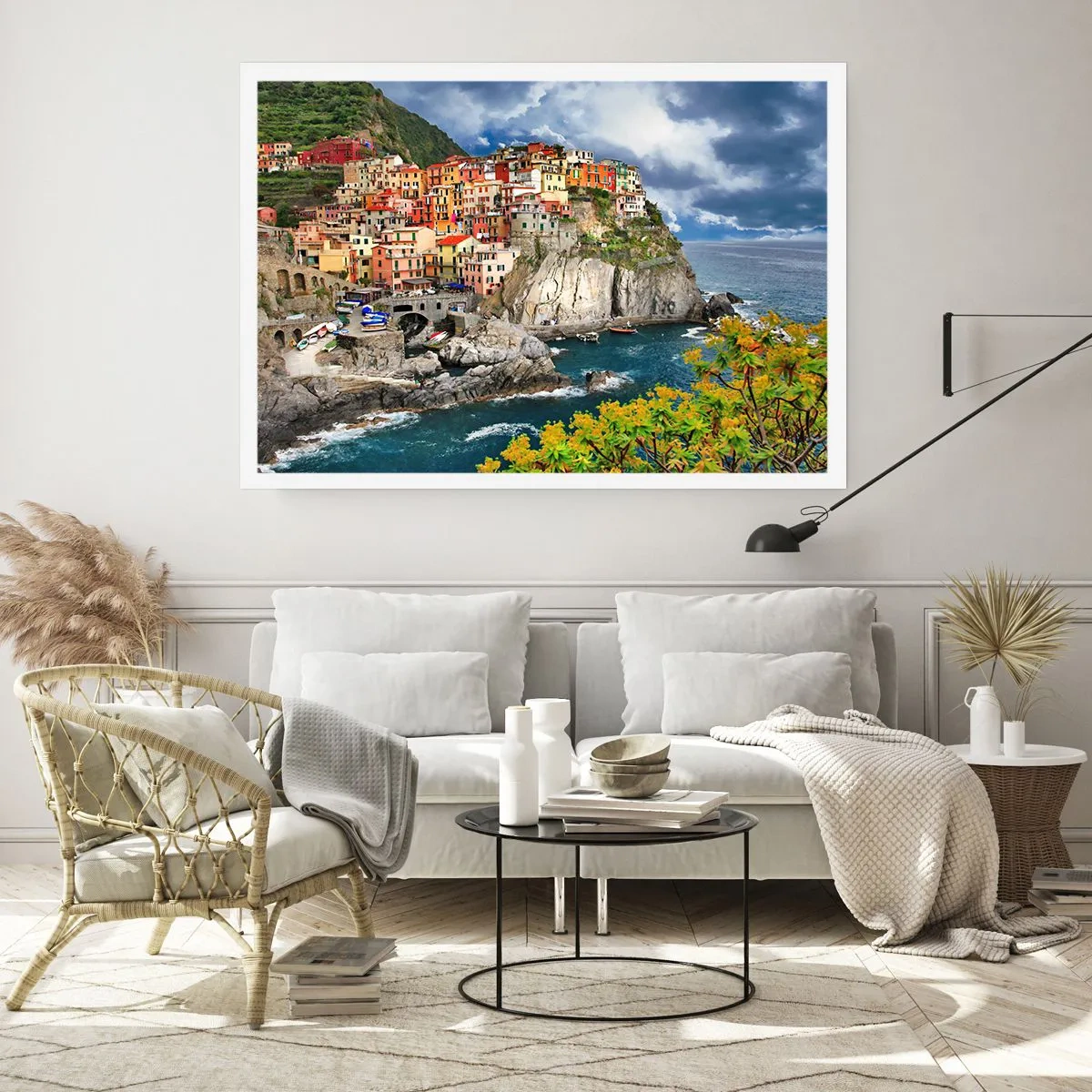 Affiche - Poster - Maisons colorées sur une falaise surplombant la mer aux Cinque Terre - 100x70cm - Un groupe embrassant les rochers - Décoration murale moderne pour le salon et la chambre ARTTOR